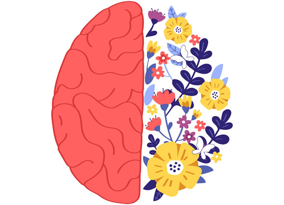 half of a brain illustration with vibrant flowers and plants representing creativity and growth seven aspects of mental wellness